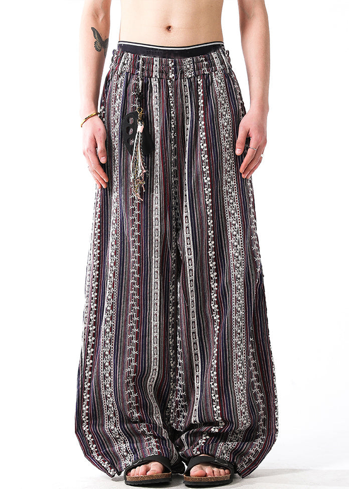 Striped Embroideried Elastic Waist Patchwork Linen Pants Summer