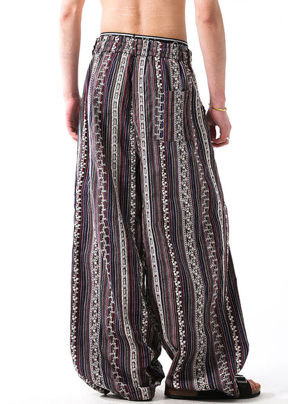 Striped Embroideried Elastic Waist Patchwork Linen Pants Summer