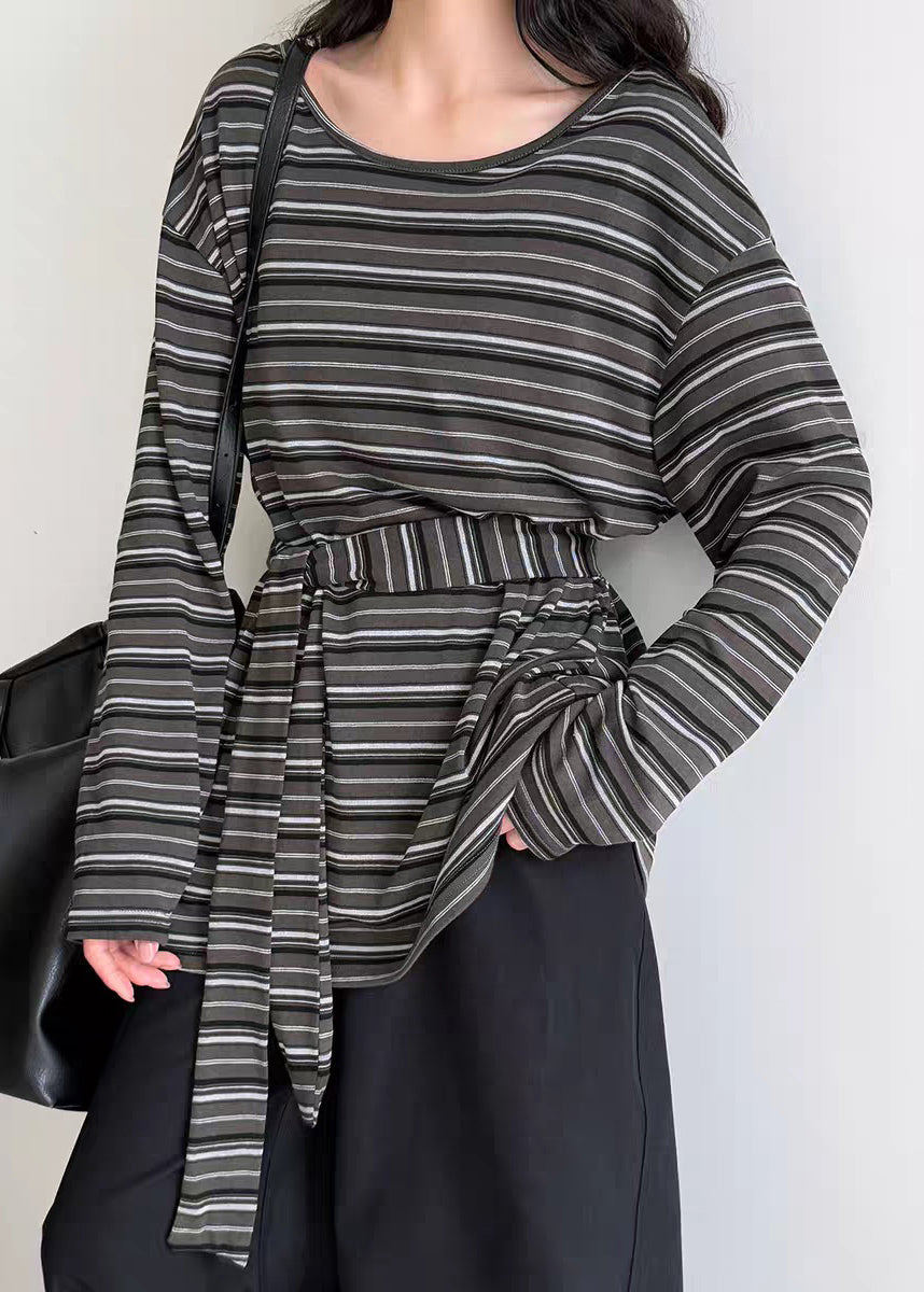 Casual Striped O-Neck Side Open T Shirt Spring