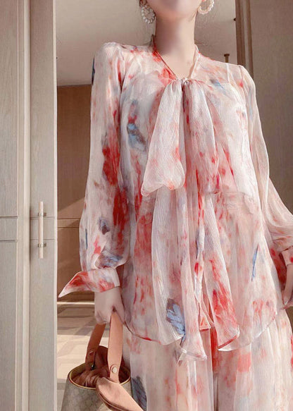 V Neck Print Shirts and Wide Leg Pants Two Pieces Set Long Sleeve