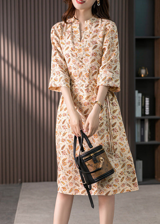 V Neck Print Tie Waist Linen Long Dress Spring