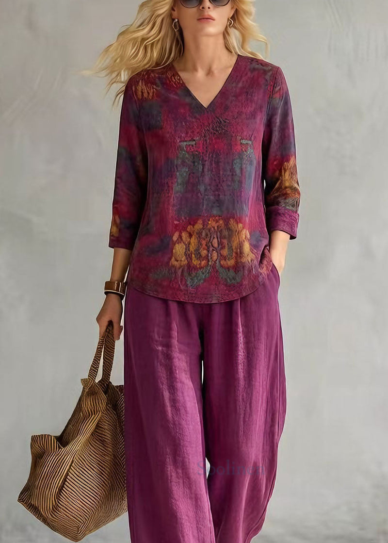 V Neck Print Top and Pants Cotton Two-piece Set Summer