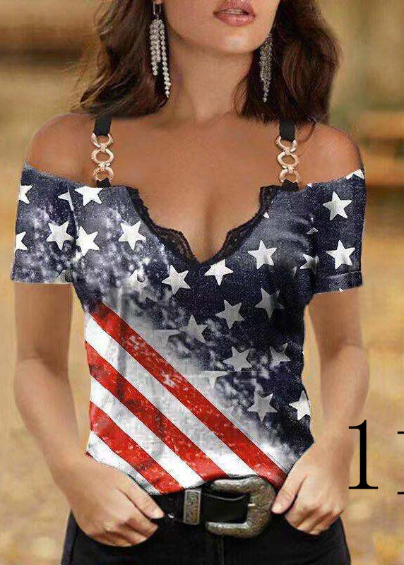 V Neck Ptint Off the Shoulder Sequined Cotton Spaghetti Strap Tops Summer