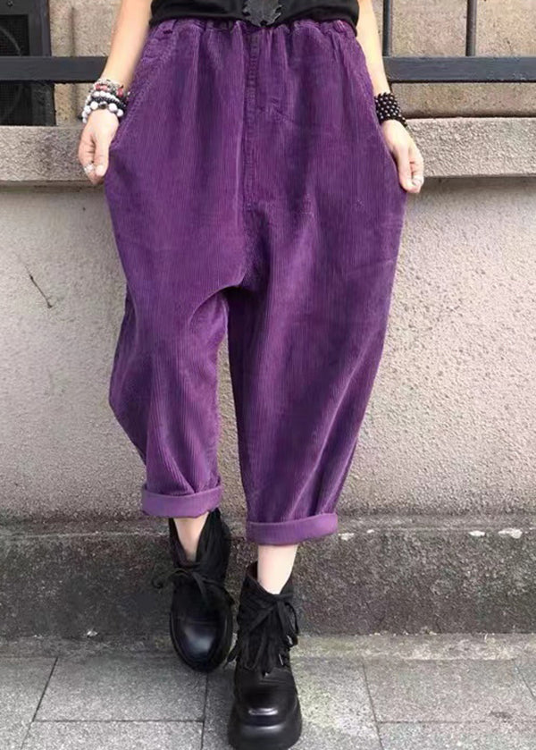 Versatile Black Pockets Elastic Waist Corduroy Pants Fall