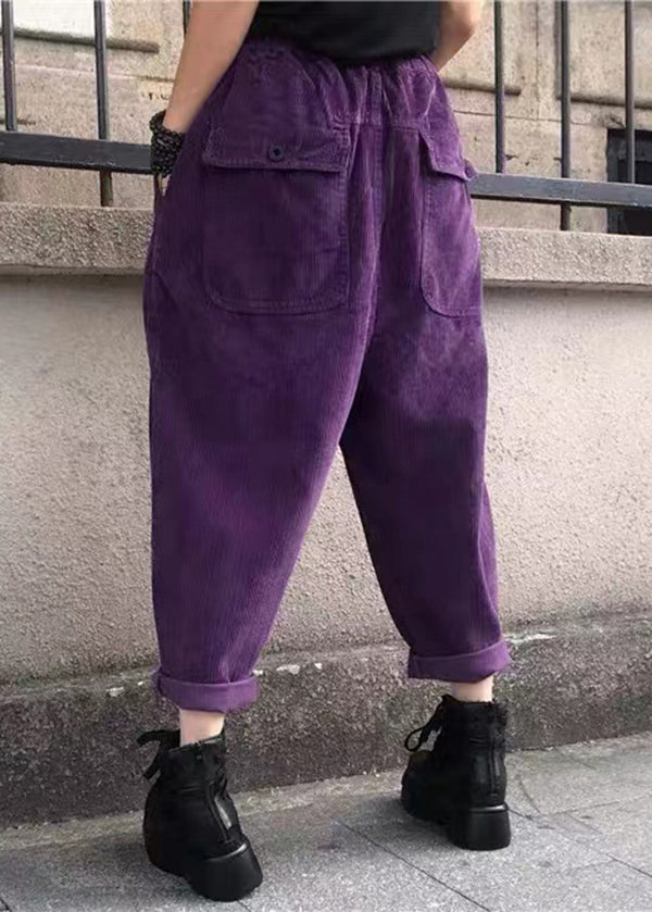 Versatile Black Pockets Elastic Waist Corduroy Pants Fall