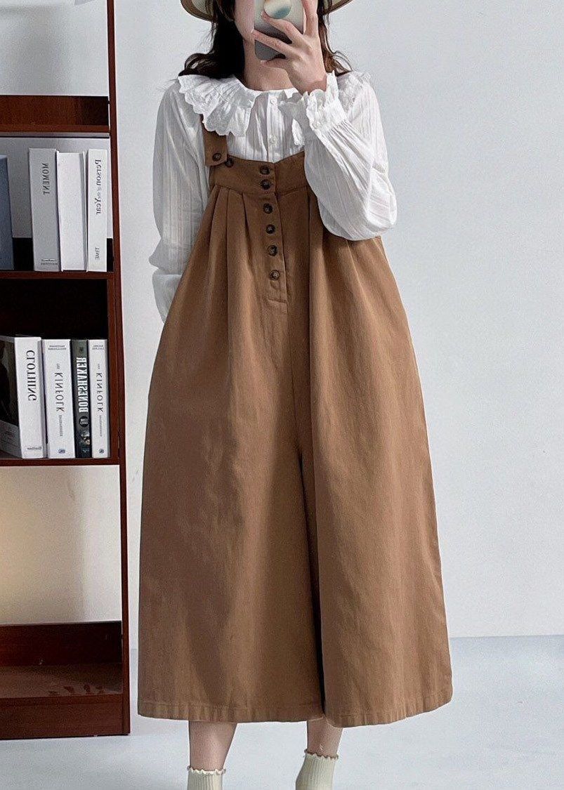 Versatile Coffee Cotton Shoulder Strap Pants Summer