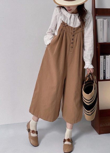 Versatile Coffee Cotton Shoulder Strap Pants Summer