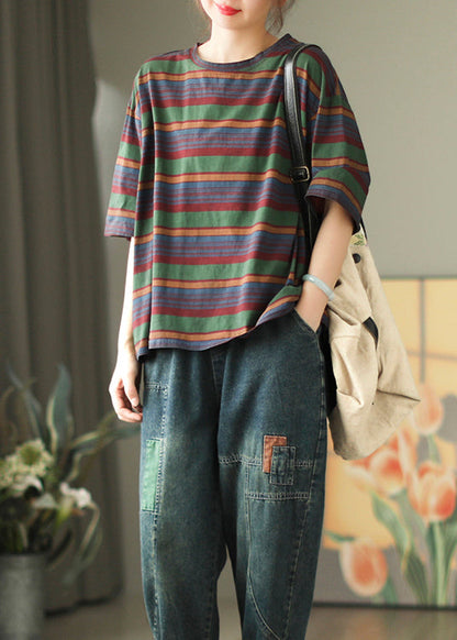 Versatile Red O Neck Striped Cotton T Shirts Summer
