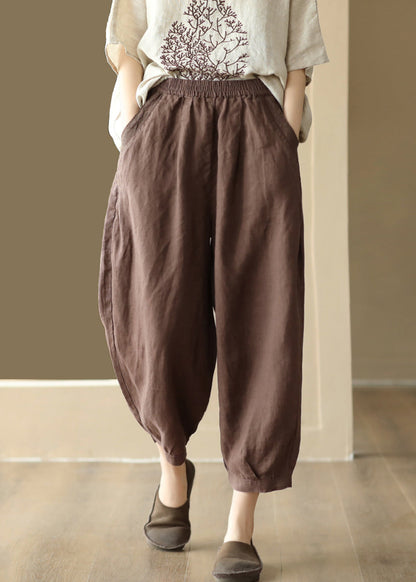 Linen Color Pockets Elastic Waist Harem Pants Summer