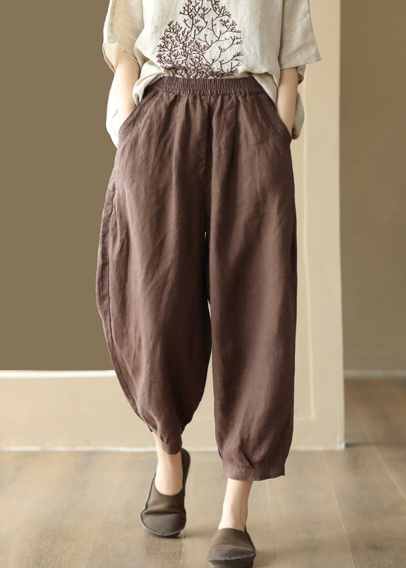 Linen Color Pockets Elastic Waist Harem Pants Summer