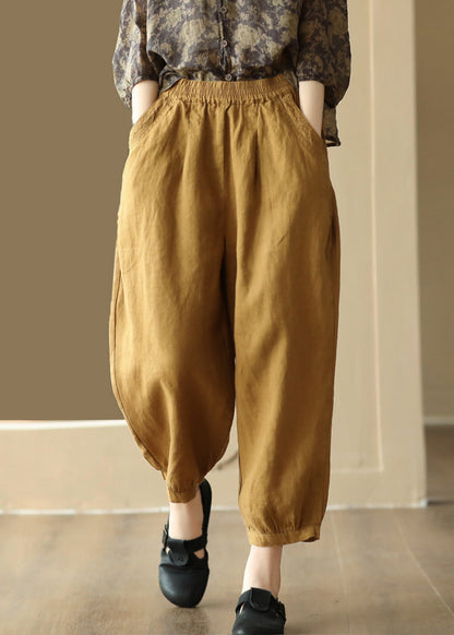 Linen Color Pockets Elastic Waist Harem Pants Summer