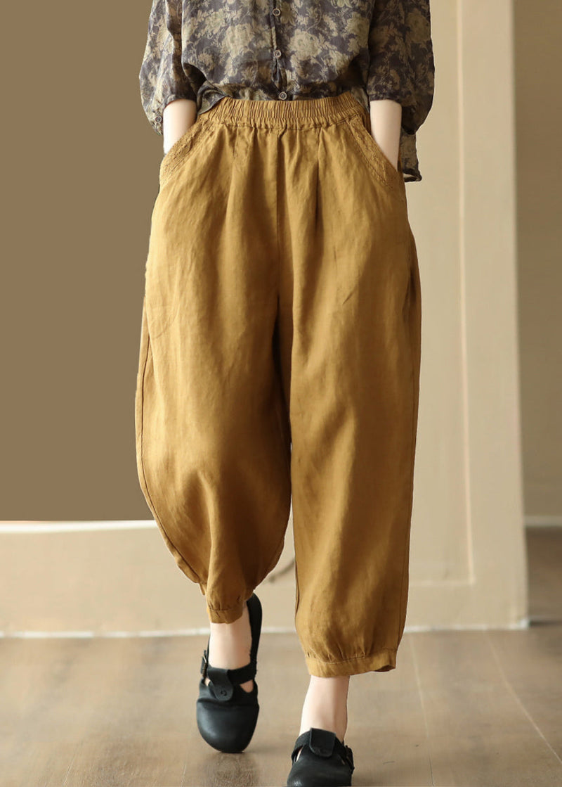 Linen Color Pockets Elastic Waist Harem Pants Summer