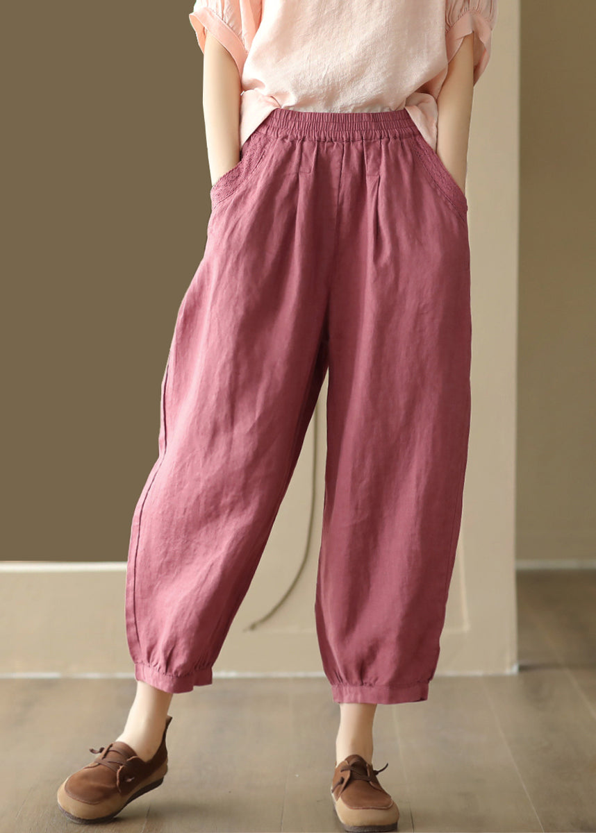 Linen Color Pockets Elastic Waist Harem Pants Summer