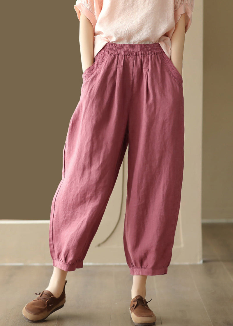 Linen Color Pockets Elastic Waist Harem Pants Summer