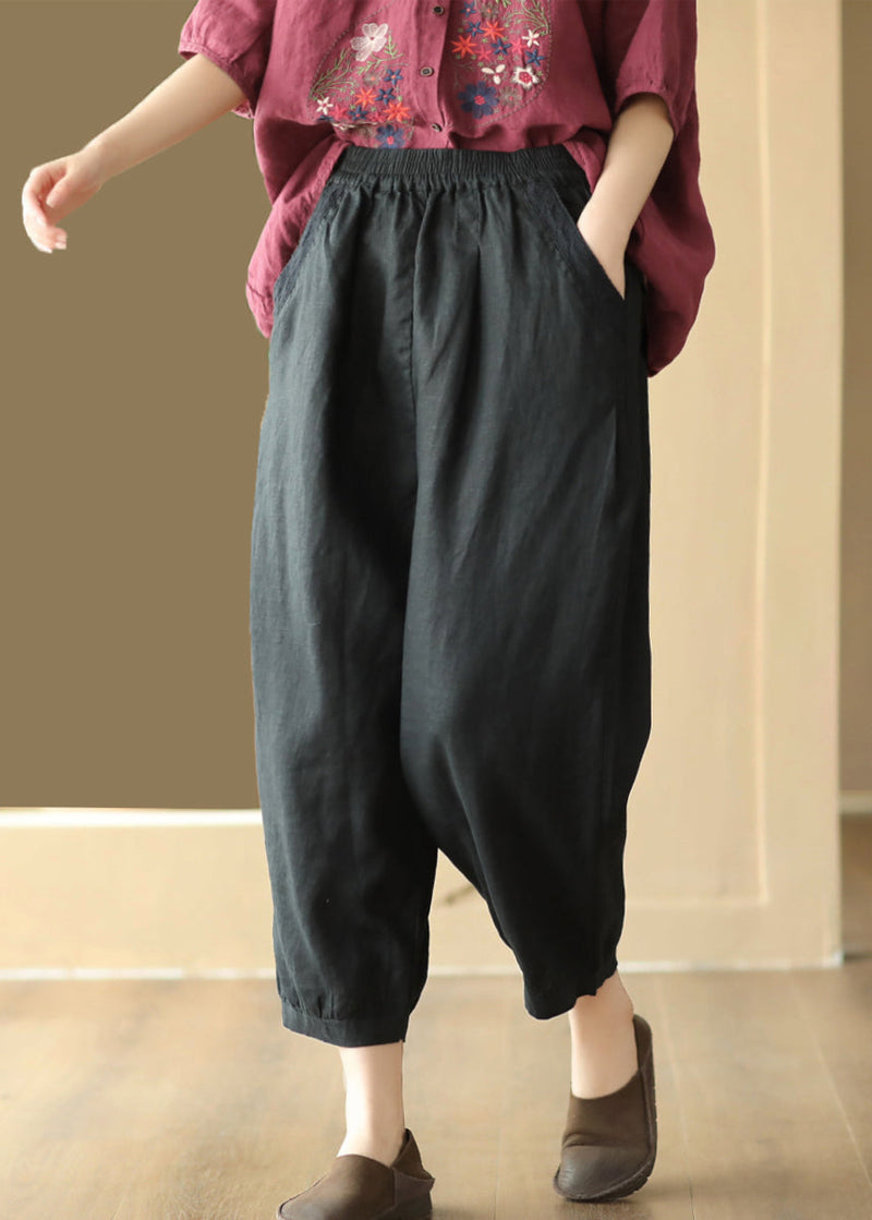 Linen Color Pockets Elastic Waist Harem Pants Summer