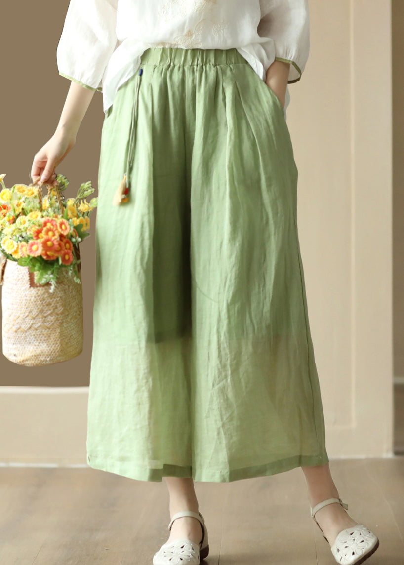 Orange Tasseled Elastic Waist Linen Wide Leg Pants Summer