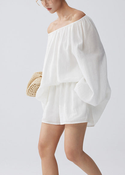 White Cold Shoulder Cotton Tops and Shorts Two Pieces Set Summer