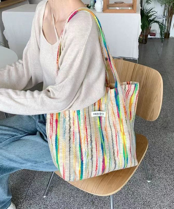 White Colorful Stripes High-capacity Woolen Satchel Handbag