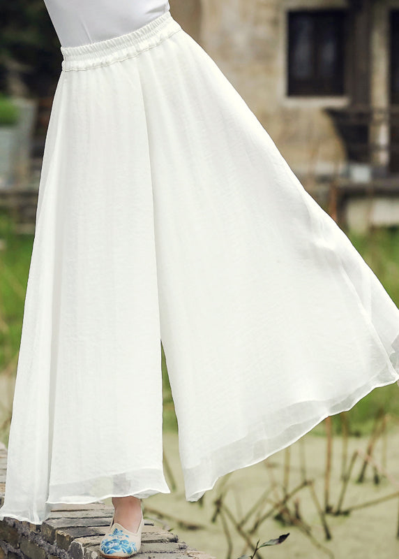 White Elastic Waist Silk Wide Leg Pants Spring