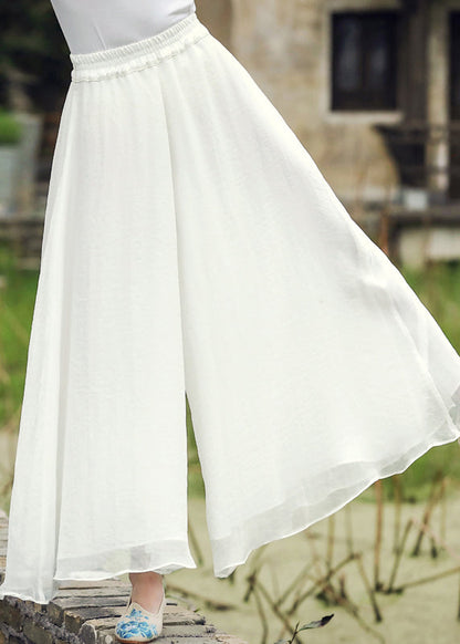 White Elastic Waist Silk Wide Leg Pants Spring