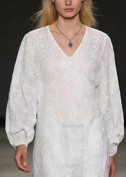 White Embroidered Hollow Out Cotton Ankle Dress Spring
