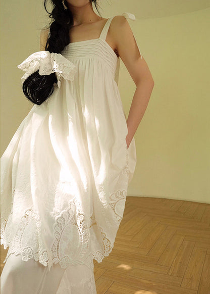 White Embroidered Hollow Out Cotton Party Long Dress Summer
