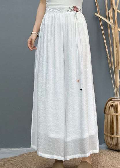 White Embroidered Side Open Linen Wide Leg Pants Summer