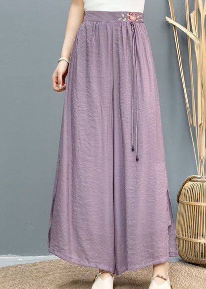 White Embroidered Side Open Linen Wide Leg Pants Summer