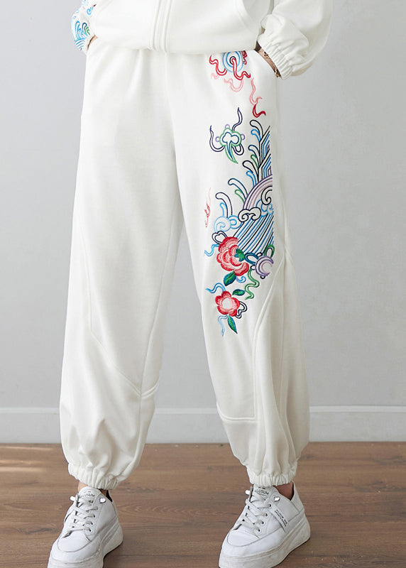 White Embroideried High Waist Pockets Beam Pants Fall