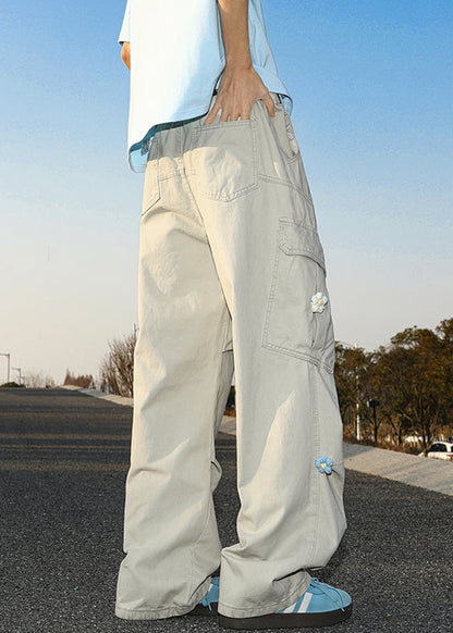 White Embroideried Pockets Cotton Pants Summer