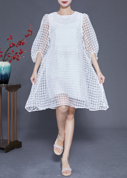 White Hollow Out Exra Large Hem Tulle Maxi Dress Puff Sleeve