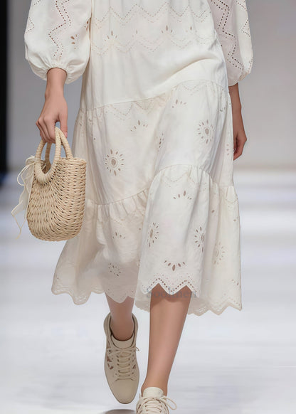 White Hollow Out Tie Neck Cotton Long Dresses Spring