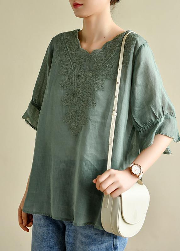White Lace Linen Short Sleeve Blouses