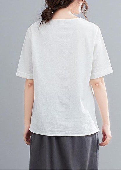 White O-neck Button Shirt Tops Summer Cotton Linen