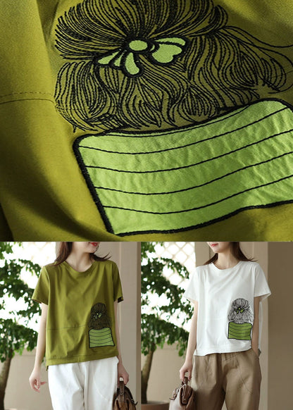 White O-neck Embroideried Patchwork Cotton Top Summer