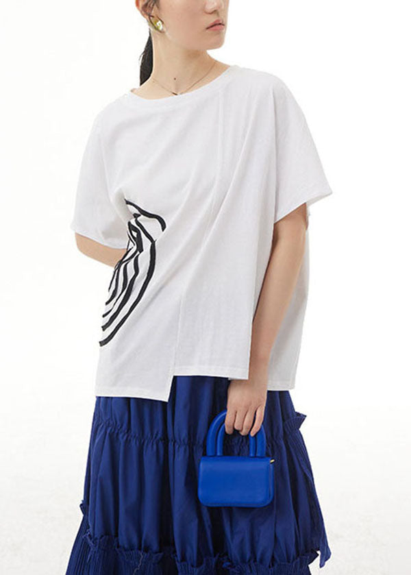 White O Neck Patchwork Cotton T Shirt Tops Summer