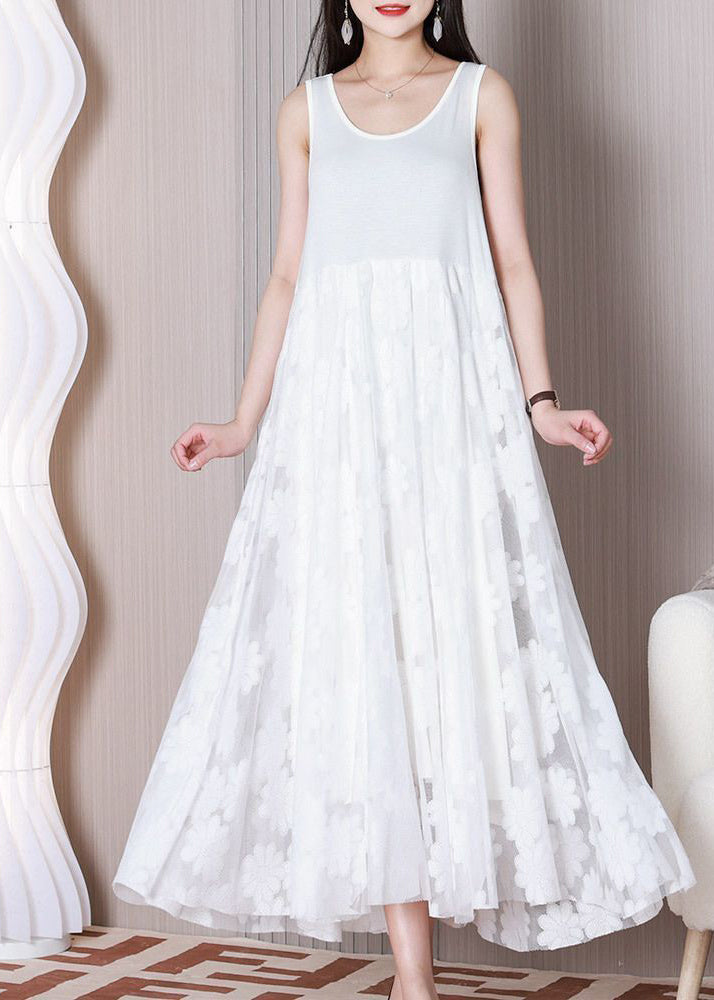 White O-neck Patchwork Lace Ankle Dress Sleeveless