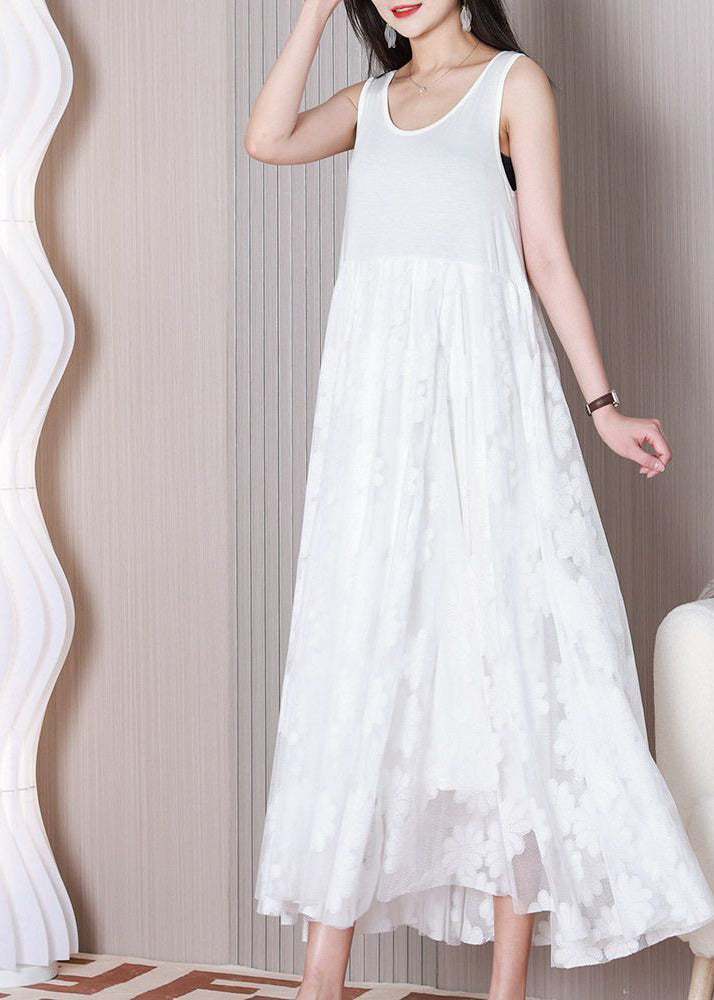 White O-neck Patchwork Lace Ankle Dress Sleeveless
