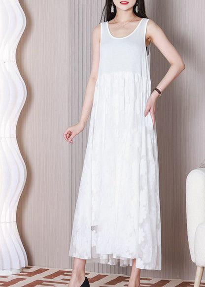 White O-neck Patchwork Lace Ankle Dress Sleeveless