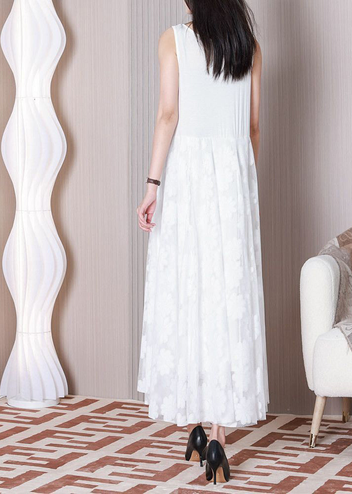 White O-neck Patchwork Lace Ankle Dress Sleeveless