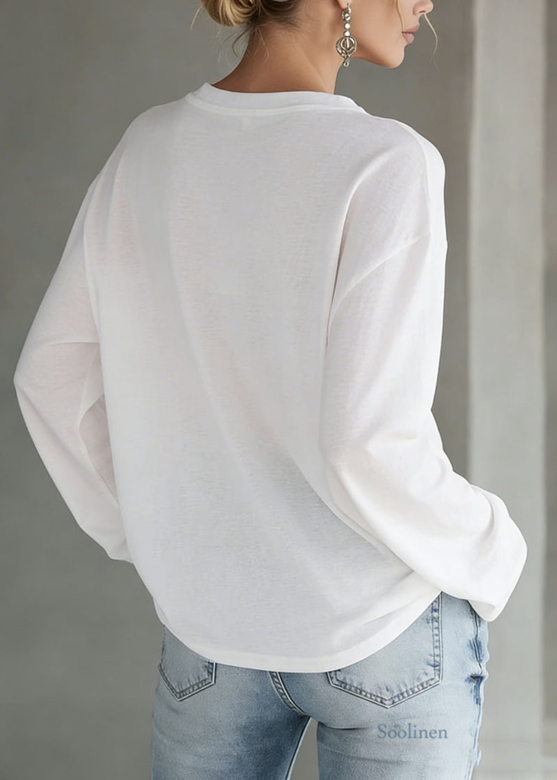 White O Neck Print Cotton T Shirt Top Spring