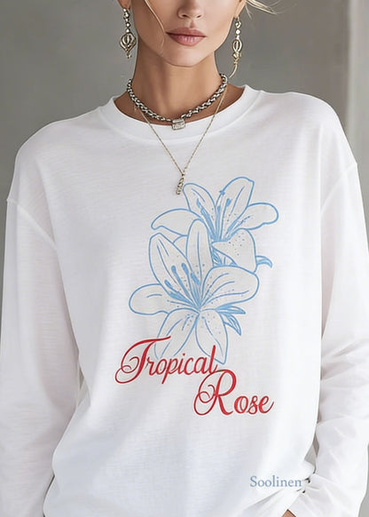 Casual White O Neck Print Cotton T Shirt Top Spring