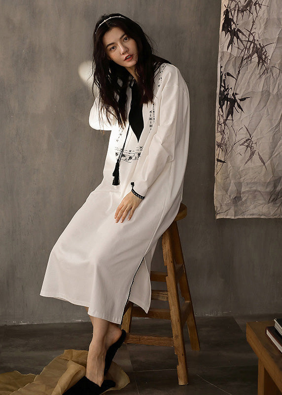 White O-neck Print Side Open Cotton Long Dress Spring
