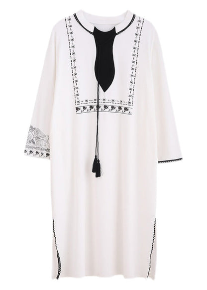 White O-neck Print Side Open Cotton Long Dress Spring