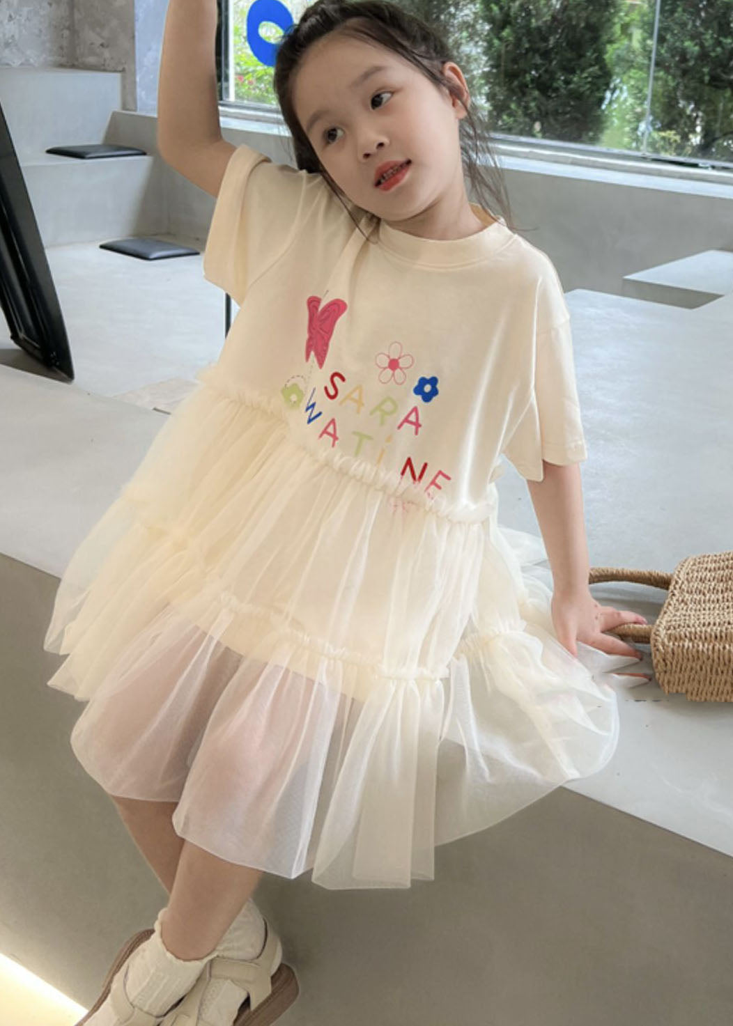White O Neck Ruffled Patchwork Tulle Kids Dresses Summer