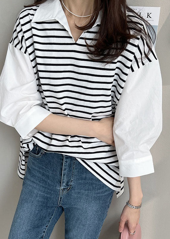 White Peter Pan Collar Patchwork Striped Cotton Shirt Tops Half Sleeve