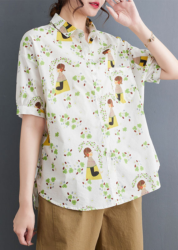 White Peter Pan Collar Print Patchwork Cotton Shirt Summer