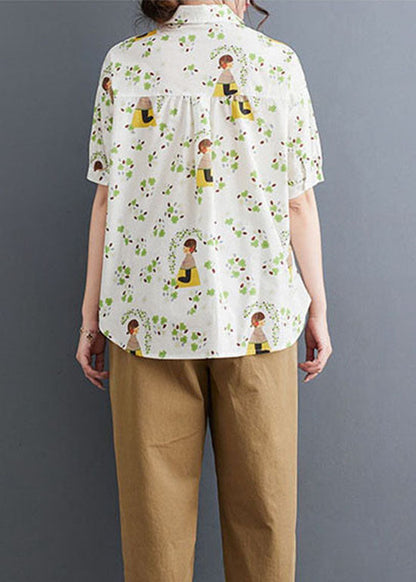 White Peter Pan Collar Print Patchwork Cotton Shirt Summer