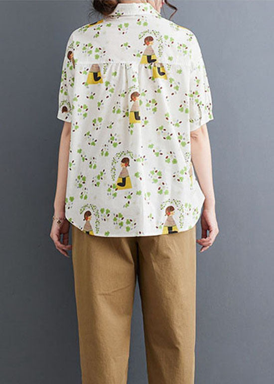 White Peter Pan Collar Print Patchwork Cotton Shirt Summer
