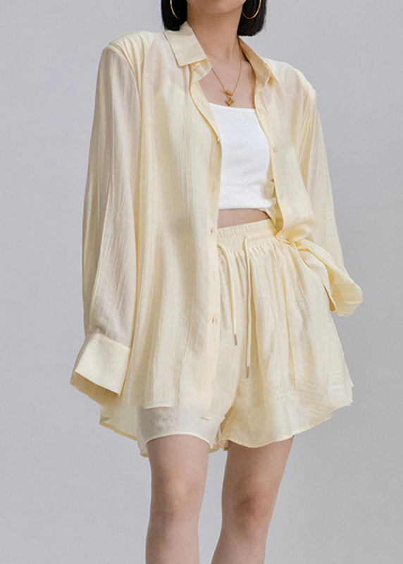 White Peter Pan Collar Shirts and Shorts Two Pieces Set Long Sleeve